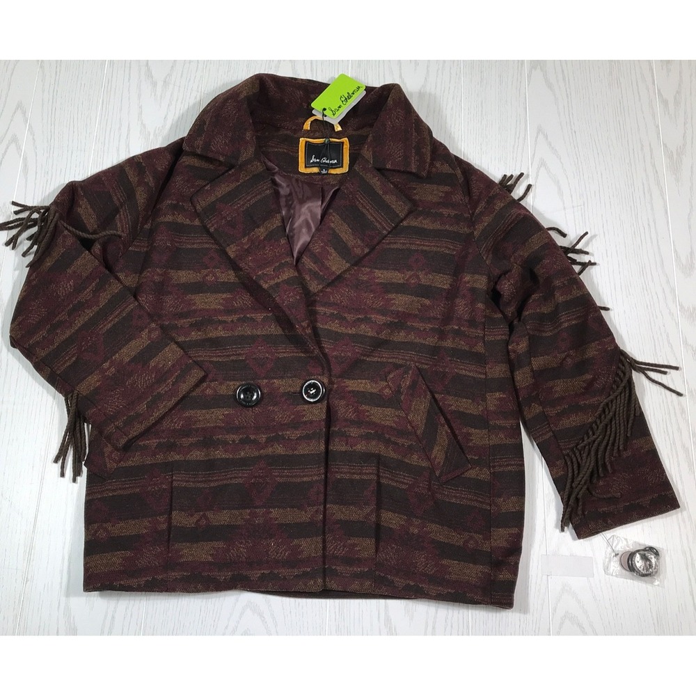 Sam Edelman Peacoat Women Small Red Ikat Aztec Fringe Double Breasted New $240